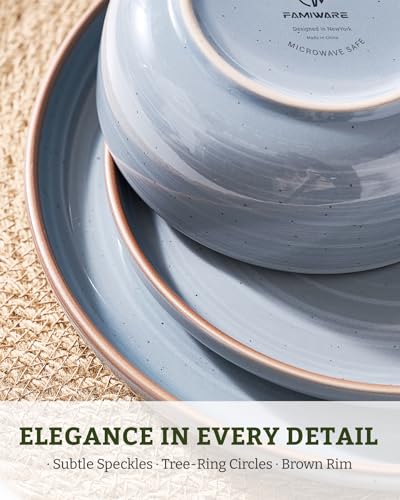 Image of Famiware Meteor Plates and Bowls Sets for 4, 12 Pieces Dinnerware Sets, Microwave and Dishwasher Safe Dishes Set, Blue Gray