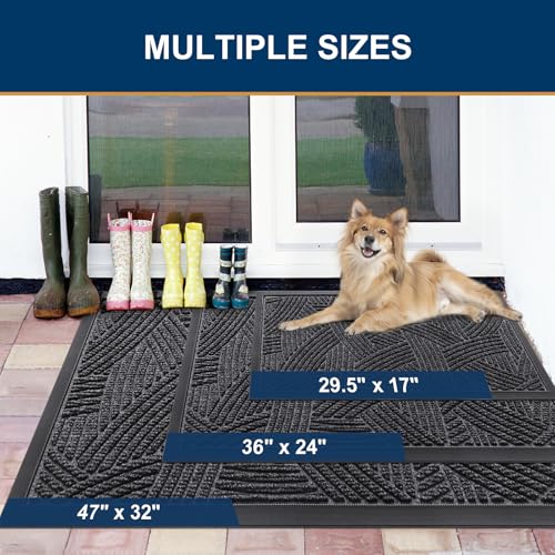 Image of Smiry Front Door Mat Outside Entrance, Heavy Duty Sturdy Natural Rubber Doormat, Trap Dirt and Moisture, Easy Clean Low Profile Mats for Indoor Outdoor Entry, Interwoven Stripes 29.5x17, Grey