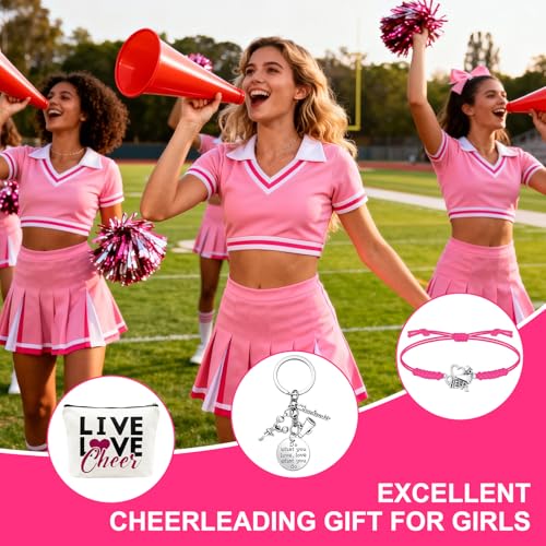 Cheerleader Gifts for Girls, 3 Pcs Cheerleading Gifts Including Complete Set with Fashionable Makeup Bag, Keychain and Cheerleading Bracelet, Cheerleader Accessories for Women and Girls (Pink) - Thumbnail 6