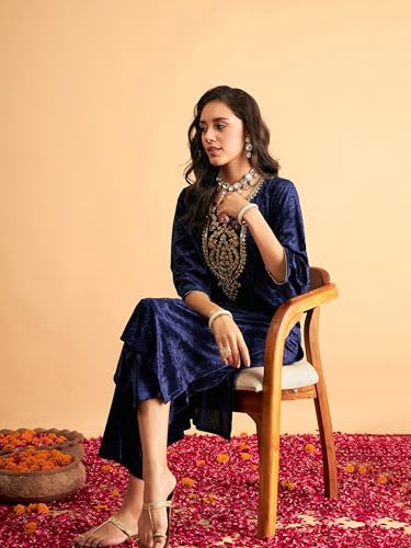 Image of Women's Velvet Floral Embroidered Straight Kurta | Round Neck Three-Quarter Sleeve Calf Length Kurti with Thread Work