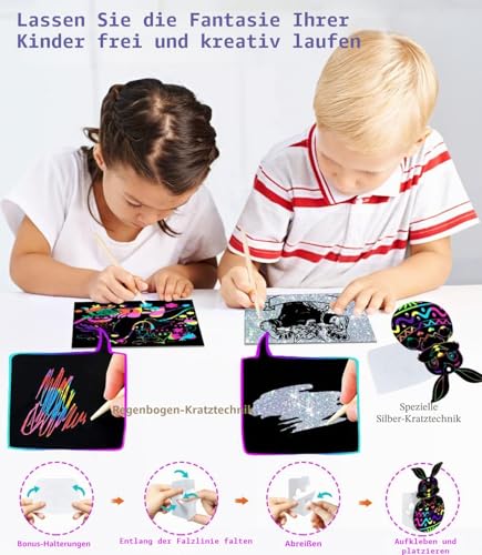 Smarkids Kratzbilder für Kinder, 143 Bastelset Regenbogen Kratzpapier zum Zeichnen und Basteln mit 24 Magic Karten 20 Holzstiften 4 Schablonen Bürste Lesezeichen Bänder Halterung für Jungen Mädchen