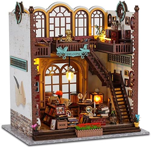 INSGEN DIY Miniature Dollhouse Greenhouse Building Room Kit, Wooden Diorama Book Nook House Kits Build Crafts for Adults, Mini Street Tiny Library House Making Kit 1:24 Scale