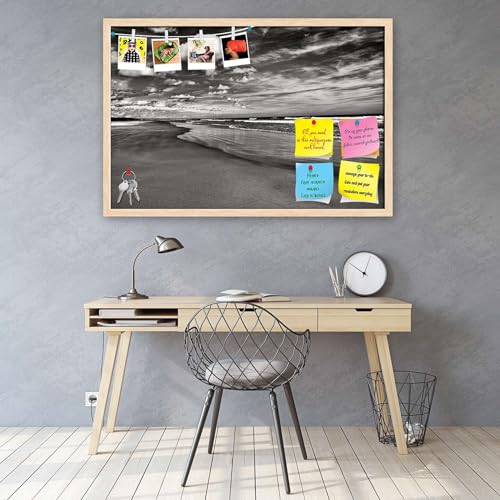 Image of ArtzFolio Sea, Air, & Land Monochrome Contrast | Bulletin Board Notice Pin Board | Vision Soft Board Combo with Thumb Push Pins & Sticky Notes | Natural Brown Frame | 17.5 x 12 inch (44 x 30 cms)