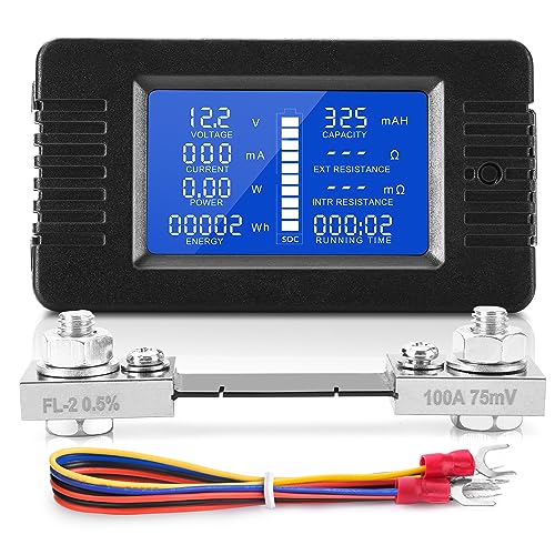 MICTUNING DC Batteriemonitor Amperemeter 0-200V 100A Multimeter Messgerät mit Shunt Digital Voltmeter Leistungsmesser Strommessgeräte für Autos RV Solar System