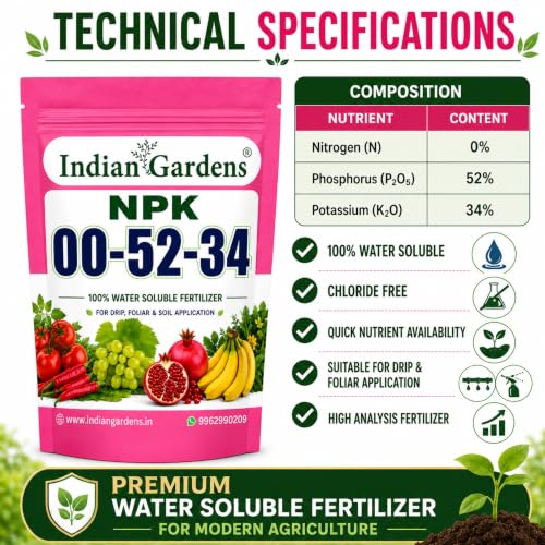 Image of Indian Gardens NPK 00:52:34 Water Soluble Fertilizer (250 Grams) | High Phosphorus & Potassium Plant Nutrient | Promotes Root Development | Suitable for Vegetables, Fruits, Flowers & Garden Plants