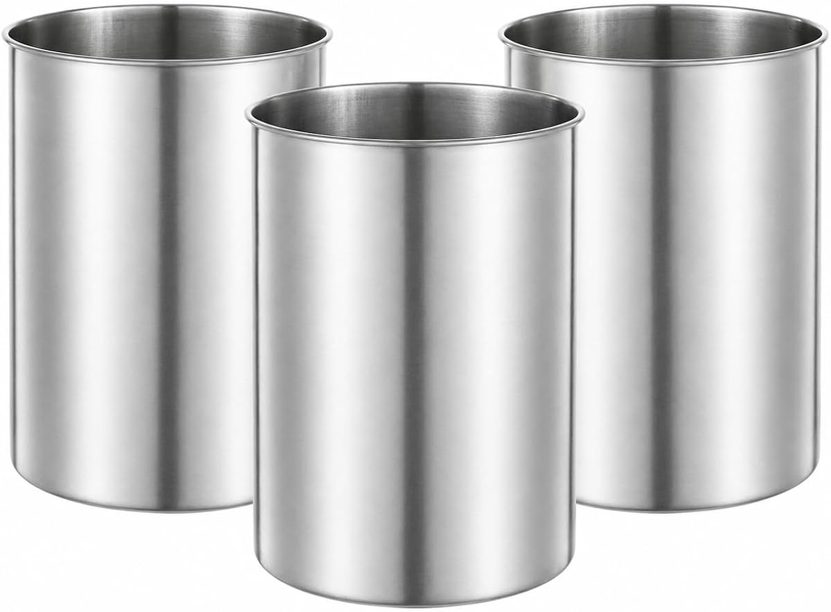 3-Pack Large Stainless Steel Utensil Holders, 5.5 x 7.3 Inch | 2.5 L capacity per container keeps spatulas, ladles and tongs sorted, visible and easy to grab in home or restaurant kitchens