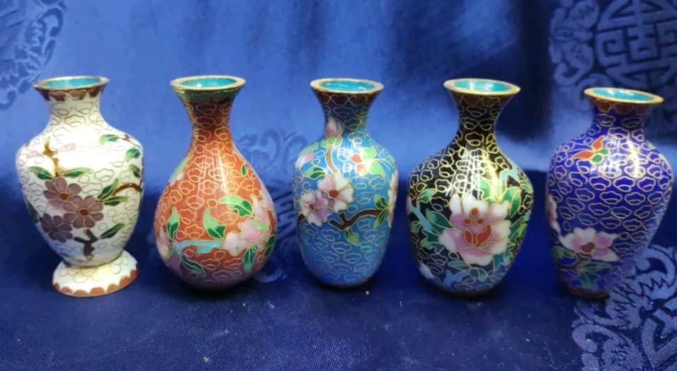 China, Hecho a mano Cloisonne adornado con esmalte de latón colorido, Jarrón Decorativo Florero de tapa, flores 6 x 3,5 x 3,5 cm