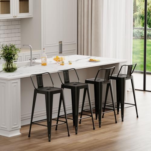 24 Metal Bar Stools Set of 4 Black Counter Height Bar Stools with Removable Backrest Stackable Kitchen Island Stools for Dining Room Home Bar
