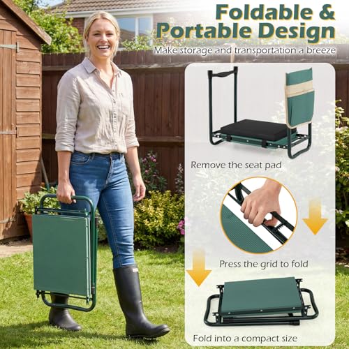 Image of 2-in-1 Garden Kneeler and Seat, Folding Garden Seat w /EVA Foam Kneeling Pad & Removable Tools Pouch, Sturdy Steel Frame, No Assembly, Portable Heavy Duty Garden Stool for Women Men Seniors