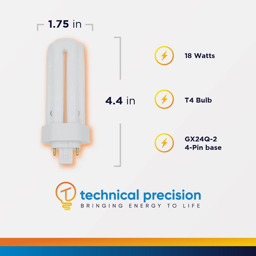 18W Triple Tube CFL Bulb Replacement for Damar Cfm18w/gx24q-2/841/eco by Technical Precision - T4 Triple Tube Compact Fluorescent Light Bulb - GX24Q-2 Base - 4100K Cool White - 2 Pack