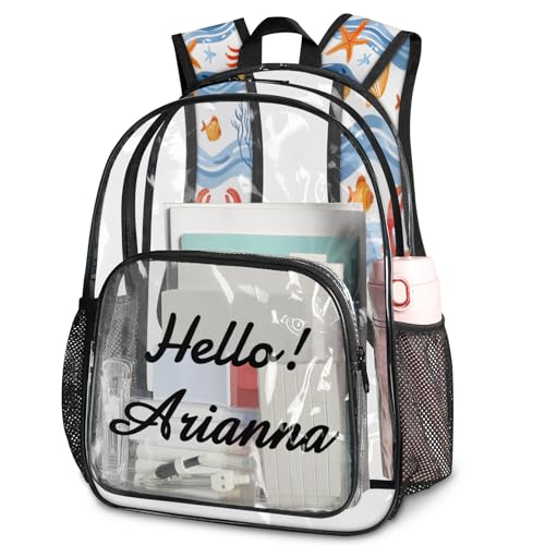 Coastal Starfish Crab Personalized Small Clear Backpack Heavy Duty for Stadium Approved Custom Summer Beach PVC Transparent Backpack with Name See Through Bag for Concerts