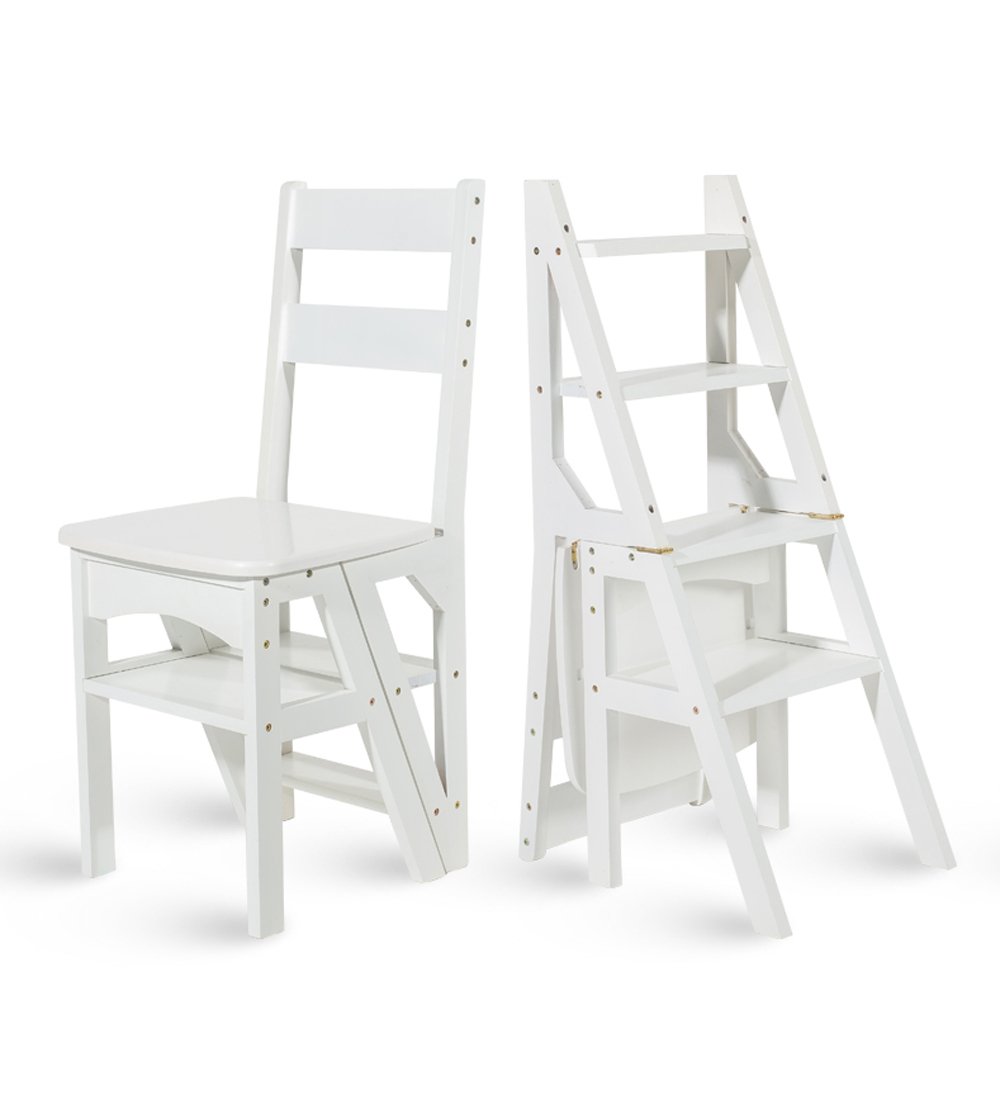 Chaise échelle en bois massif blanc DASHADAO escabeau pliable 4 marches