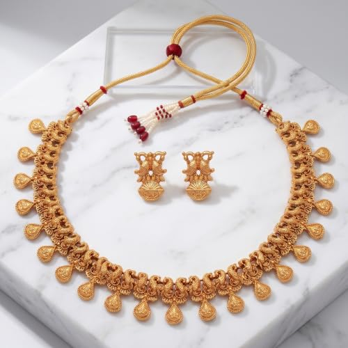 Image of Gold-Plated Antique Temple Jewellery Set for Women - Traditional Necklace with Large Peacock Pendant & Matching Jhumka Earrings | Ethnic Festive & Bridal Wear Set with Ruby & Emerald Accents