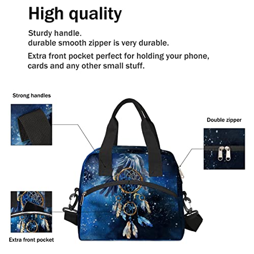 Fengqugou Blue Galaxy Watercolor Dream Catcher Insulated Lunch Bags For Women Men Adult Reusable Lunch Tote Therma Cooler Bag With Shoulder Strap Lunch Box For School Work Office Picnic Meal Prep Bag #TOP4