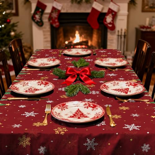Image of Gistome 3-Piece 54 x 108 Inch Christmas Tree Plastic Tablecloth - Holiday Disposable Red and Green Table Cover for Christmas Dinners, Winter Parties, and Indoor Outdoor Decorations