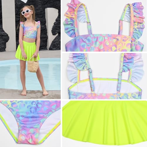 Image of CHILDRENSTAR Girls Tankini Swimsuit with Skirt 3 Pieces Bikini Bathing Suit | 3-Piece Swim Suits with Skirt For Modest Adjustable Straps Shiny Sparkle Mermaid and Tropical Print Cute Beach Swimwear