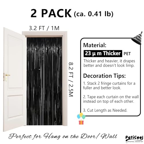 Image of Thicken Black Tinsel Backdrop Curtains 2 Pack 3.2 x 8.2 FT, Black Streamers, Birthday Decorations for Men, Foil Fringe Photo Backdrop for Retirement, Bachelor Party Decorations, New Years, Halloween