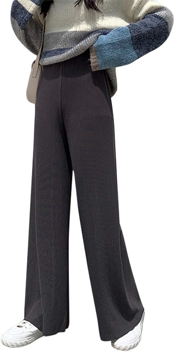 Amazon ワイドパンツ レディース ガウチョパンツ ロングパンツ ニット ゆったり 無地 体型カバー 長めスタイル ウエストゴム 着痩せ おしゃれ 通勤 グレー L ロングパンツ 通販