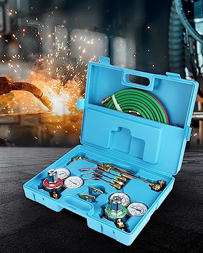 Oxy Acetylene Torch Kit Oxygen Cutting Kits Welding Torch Set Portable Professional Brazing Tool Set With Regulator Gauges Goggles Two Hose & Blue Case #TOP1