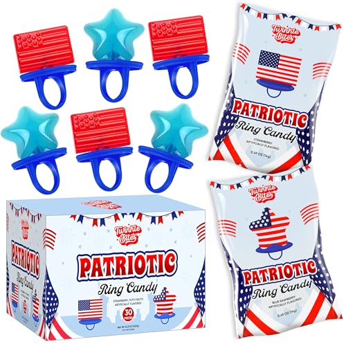 30 Pack July 4 Patriotic Ring Candy - Individually Wrapped Flag & Star Shape Suckers & Delicious Flavor -Bulk July Four Candy Use For, Party Favor, Classroom & Office Treats