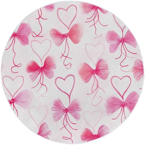Rosa Tappeto Rotondo Salotto, Minimal Sofisticato Cuore Fiocco Stampa Tappeto Morbido Antiscivolo Flanella, 60 cm per Bambini Cameretta Cucina Casa Zona Balcone Tappet Tavolino