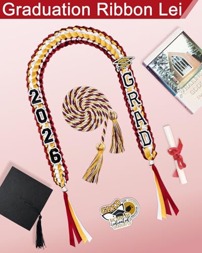 Image of Yigney Graduation Lei Set Class of 2026 Grad Ribbon Leis with Honor Cord Double Braided Graduate Leis for Men Women Red Gold White