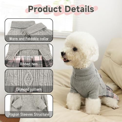 Image of YUDODO Small Dog Sweater Dress with Bowtie Turtleneck Knitted Pet Clothes | Fall Winter Warm Pet Clothes, For Small Dogs Girl, Soft Knit Fabric, Leash Hole, Long Sleeve, Grey, M