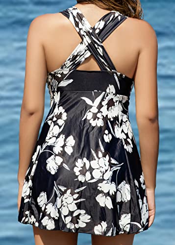 image for COCOPEAR Women's Elegant Crossover One Piece Swimdress Floral Skirted 