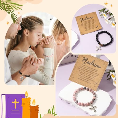 CJiangpo Natural Stone Cross Bracelet for Godparents, Christian Religious Cross Beaded Bracelets Godmother Godfather Proposal Gifts Catholic Jewelry for Christmas Baptism Gifts 6