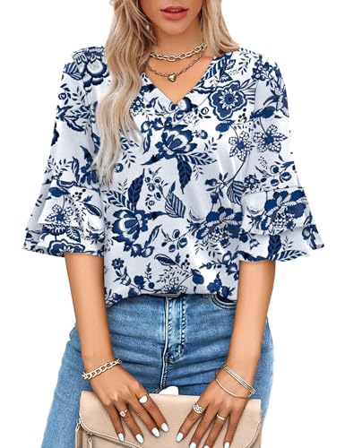 Image of OFEEFAN Spring Tops for Women Boho Shirts Fashion Clothing Cute 3 /4 Length Sleeve Blouses Dressy Casual Summer Outfits