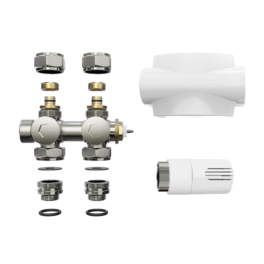 Heilmetz Multiblock Set für Heizkörper Anschlussarmatur mit Thermostat 50mm Ventil-Armaturen Heizungszubehör Eck- und Durchgangsform Wandanschluß Anschlußgarnitur (15mm + 16mm, 1 Stück, Weiß | Typ 2)