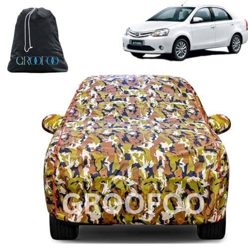 Image of GROOFOO Car Cover Compatible with Toyota Etios | Camouflage, Waterproof, Dustproof, UV Protection | Military Jungle Design | Custom Fit, Triple Stitched | All Weather Body Cover