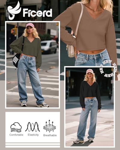 Ficerd 3 Pack Women's Crop Long Sleeve Tops V Neck Loose Cropped T Shirts Drop Shoulder Casual Basic Fall Winter Boxy Tees4