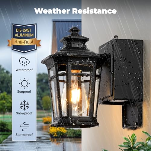 Image of Gleamz Porch Lights with Outlet, Black 2-Pack Dusk to Dawn Outdoor Lighting with GFCI Outlet, 9in H Exterior Light Fixtures Waterproof Anti-Rust, Outside Lights for House,Front Door,Garage,Backyard