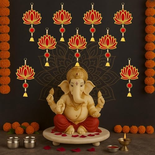 Image of ARLICORPING Wooden Lotus Wall Hanging for Festive Decoration - Diwali, Ganpati, Pooja Room, Mandir, Living Room, Door, Hall, Entrance, Spiritual Decor (Lotus + Bell-Red, Pack of 6)