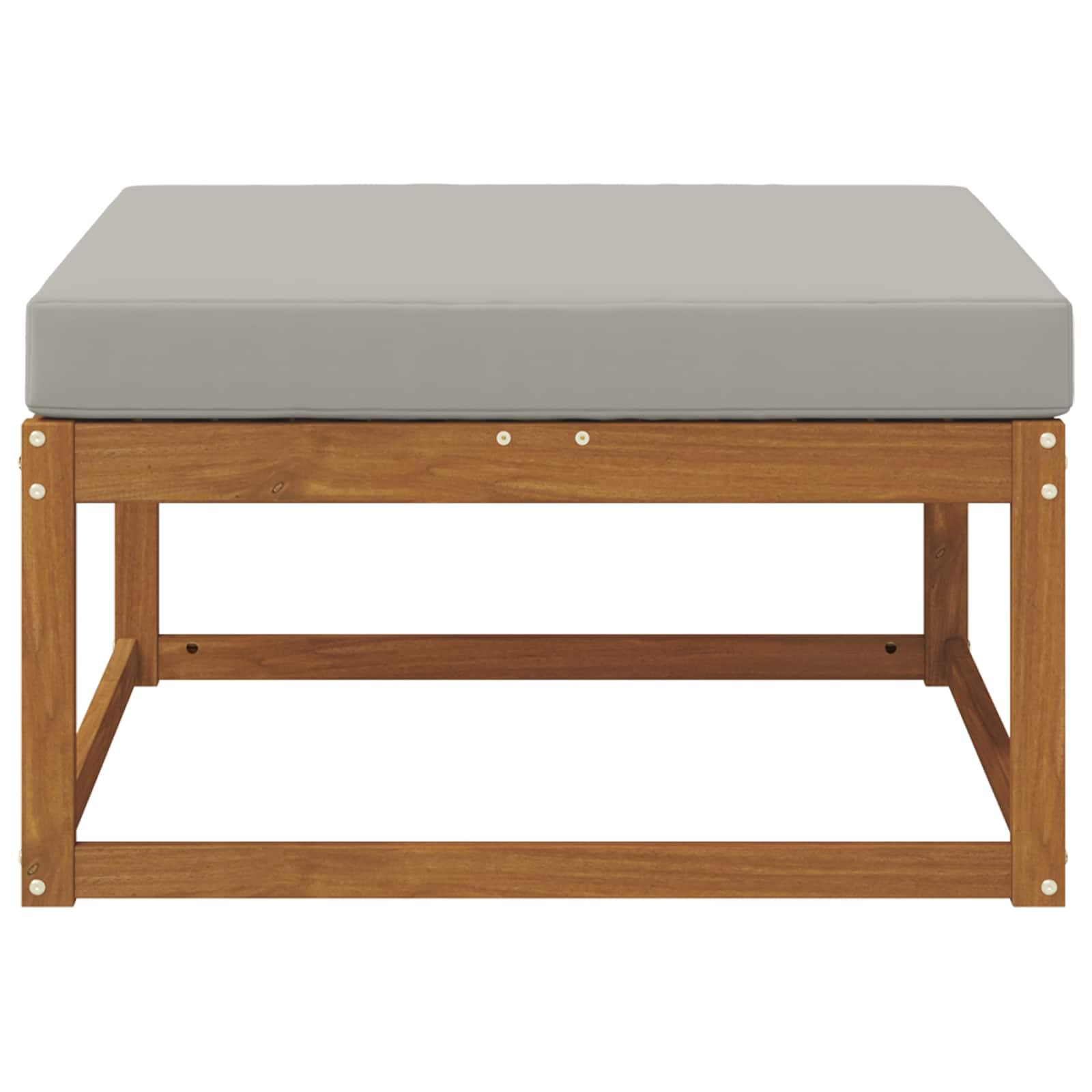 Pouf d'Extérieur en Bois d'Acacia Massif Naturel avec Coussin Gris, Tabouret de Jardin Moderne Résistant aux Intempéries pour Terrasse, Balcon ou Salon d'été, Design à Lattes et Facile à Nettoyer