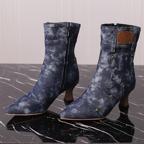 BEAUPAS Women's Denim Kitten Heel Boots Pointed Toe Low Heel Ankle Boots Chunky Vintage Zip Shoes(Dark Blue,8)4