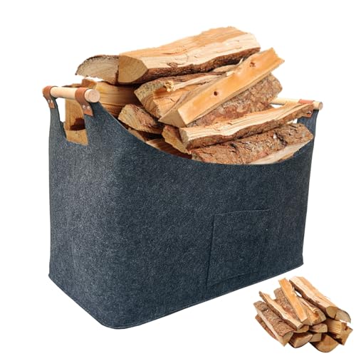 55L Large Log Basket,Felt Firewood Basket for Wood Burner Indoor with Extended & Thicker Handles,Foldable Storage Box for Fireplaces