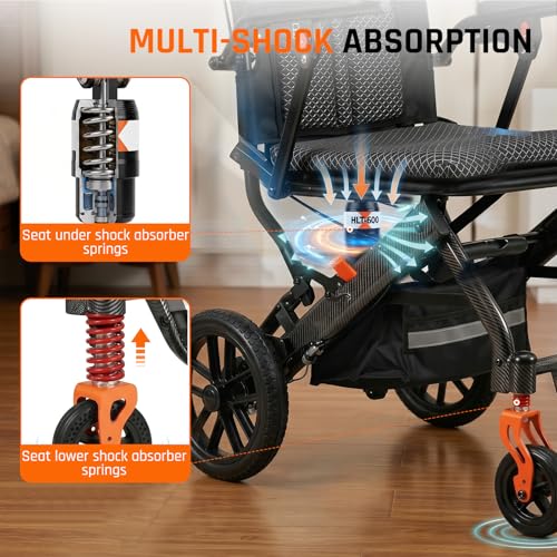 Image of SOFTFISH Transport Wheelchair for Adults with Pull Rod & Multi Shock-Absorbing, Portable Transport Wheelchairs with Foldable Footrest and Armrests, 10 inch PU Tires Wheelchair for Travel & Daily Use