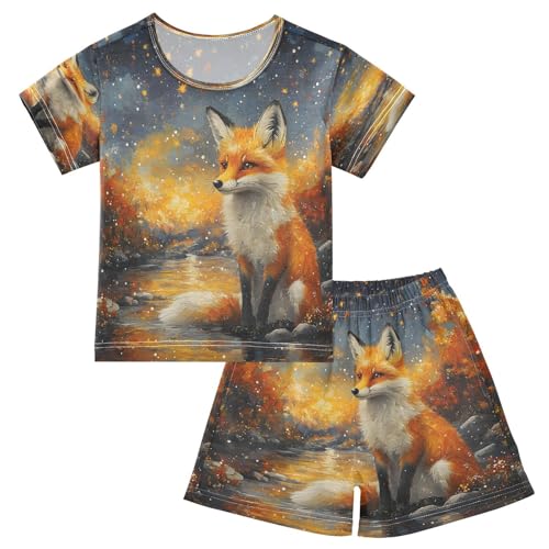 ALAZA Magic Fox Yellow Leaf Pajamas Set Short Sleeve Cotton Sleepwear Summer Pjs 2 Piece 5-14Y