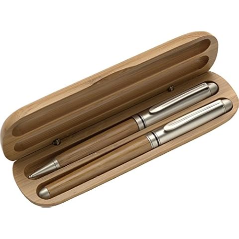 Schreibset Dreh-Kugelschreiber Rollerball Tintenroller Stiftset Bambus im hochwertigen Holz Geschenk Etui von notrash2003® Cover