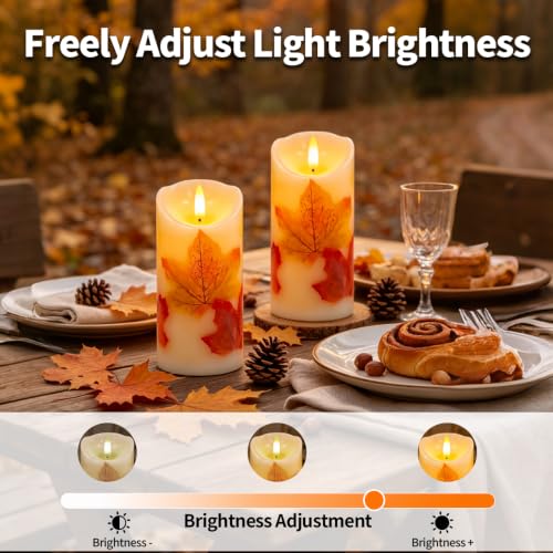 2 Stück Flammenlose LED-Kerzen mit Fernbedienung und Timer, 7,5 x 15 cm Flackernde Flammenlose Kerzen, Echtes Wachs,Batteriebetrieben,Ahornblatt LED Kerzen für Herbst Halloween Thanksgiving Deko – Bild 5