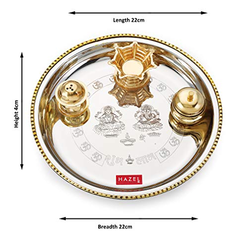 HAZEL Stainless Steel Puja Pooja Aarti Thali Set, 22 cm with 1 Pc Diva, Agarbatti Incense Holder and Kumkum Wati, Silver - Image 5