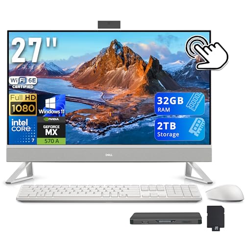 Image of Dell 27 inch FHD Touchscreen All-in-One Desktop, Intel Core 7 150U, 32GB DDR5, 2TB Storage (1TB SSD+1TB Docking Station Set), NVIDIA GeForce MX570A, Webcam, Wireless Keyboard & Mouse, Windows 11, White