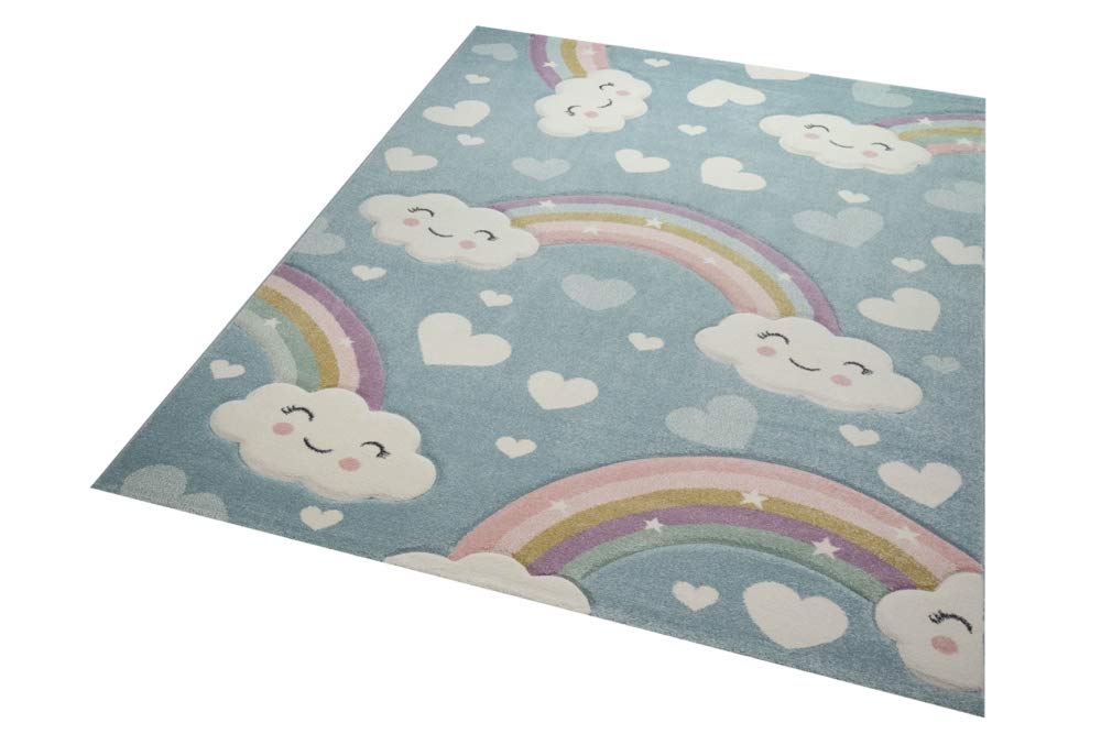 Teppich-Traum Tappeto per Bambini in Camera Arcobaleno con Nuvole e Cuori Blu Größe 120x170 cm