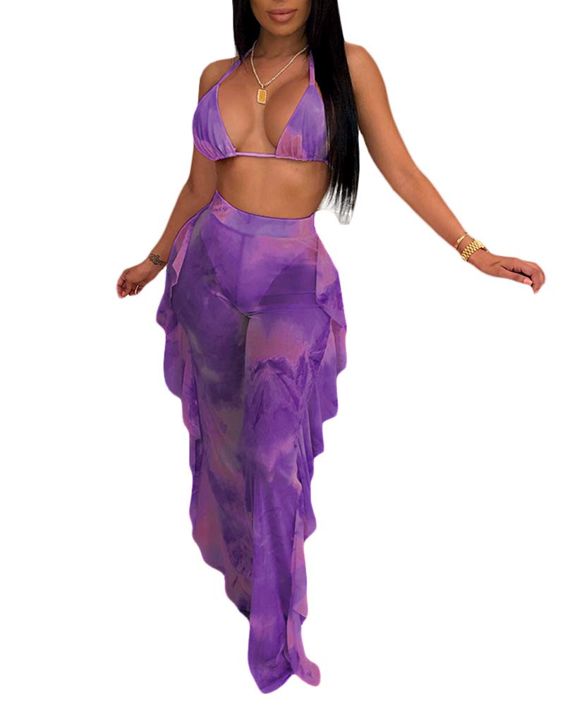Photo 1 of *** ONLY TOP *** Ophestin Womens Sexy Halter Sheer Bikini Ruffle Long Pants Set 2 Piece Swimsuit Purple Size XXL