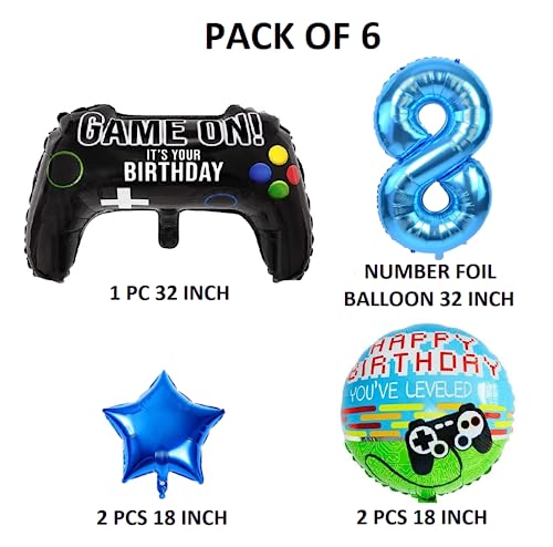 Image of 6 Pcs Game on Birthday Decoration 8th Birthday Decoration for Boys Gaming Theme Birthday Decoration Eighth Birthday Decorations Boy Game Theme Balloons (Pack of 6, Multicolor)