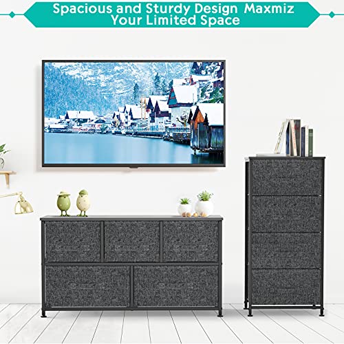 FURNINXS-Dresser-Bedroom-with-5-Drawers-Fabric-Storage-Tower-Wide-Chest-Organizer-for-Closet-Hallway-Entryway-Nursery-with-Metal-Frame-Wood-Top-Easy-Pull-Handle-Bins 51tdmEZ0ttS