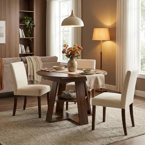 Image of 59 inch Extendable Round Dining Table for 4-8, Folding 59 inch to 43.3 inch Modern Kitchen Oval Dining Table with Removable Leaves Storage Shelf for Kitchen Living Room Walnut