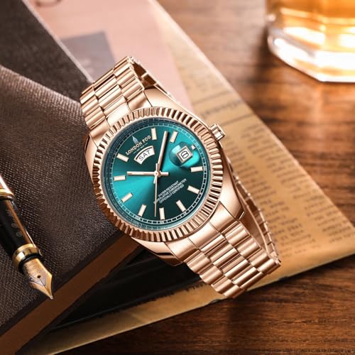 Image of London Fog Oxford Collection Analog Quartz Watch for Men with Round Dial and Stainless Steel Strap, Fluted Metal Case, Day & Date Display, Luminous Hands & Hour Markers & Water Resistant